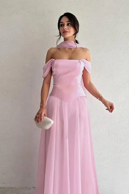 Elegant A-Line Off-Shoulder Satin Blush Floor-Length Prom Dress with Scarf Detail for Women