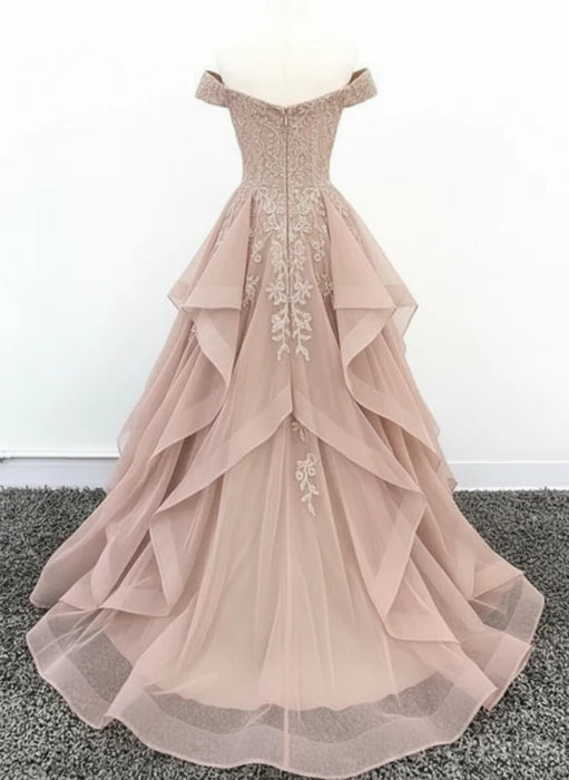 Elegant A-Line Off-Shoulder Short Sleeve Lace Blush Pink Prom Dress