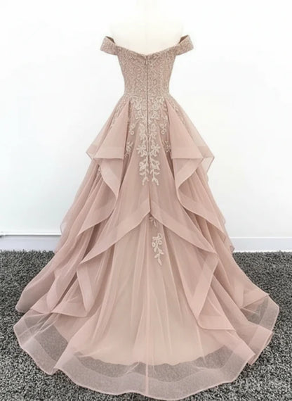 Elegant A-Line Off-Shoulder Short Sleeve Lace Blush Pink Prom Dress