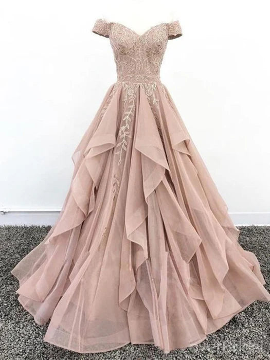Elegant A-Line Off-Shoulder Short Sleeve Lace Blush Pink Prom Dress
