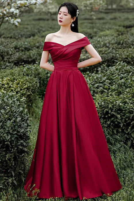 Elegant A-Line Off-Shoulder Short Sleeve Satin Burgundy Prom Dress