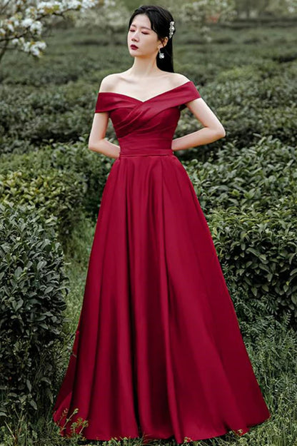 Elegant A-Line Off-Shoulder Short Sleeve Satin Burgundy Prom Dress