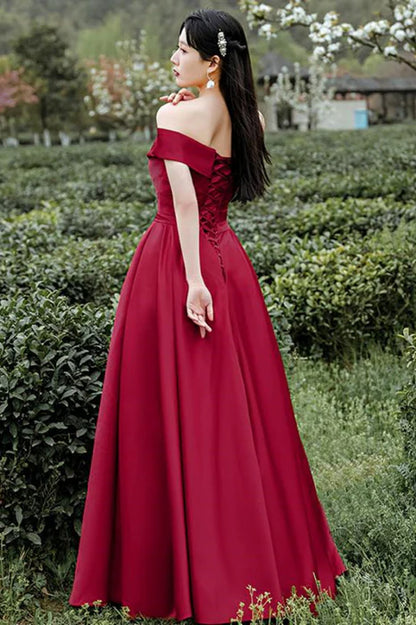 Elegant A-Line Off-Shoulder Short Sleeve Satin Burgundy Prom Dress
