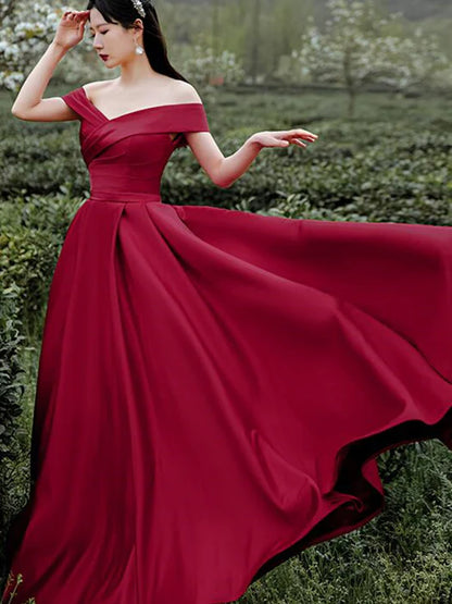 Elegant A-Line Off-Shoulder Short Sleeve Satin Burgundy Prom Dress