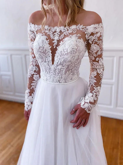 Elegant A-Line Off-The-Shoulder Lace Long Sleeve White Train Wedding Dress For Bride For Sale