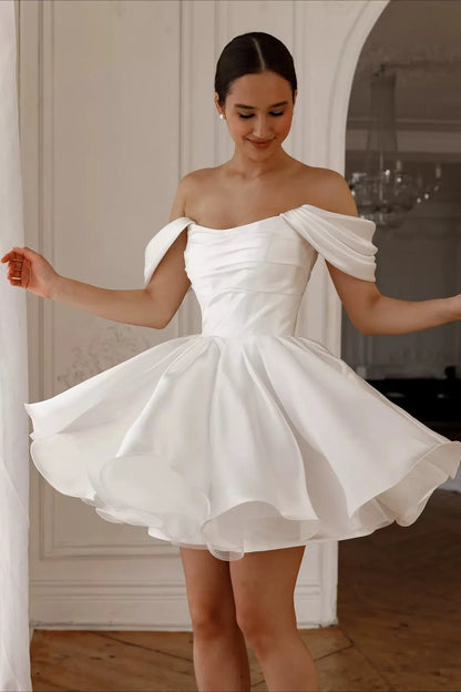 Charming A-Line Off-Shoulder Draped Sleeve White Short Homecoming Dress with Lace-Up Back