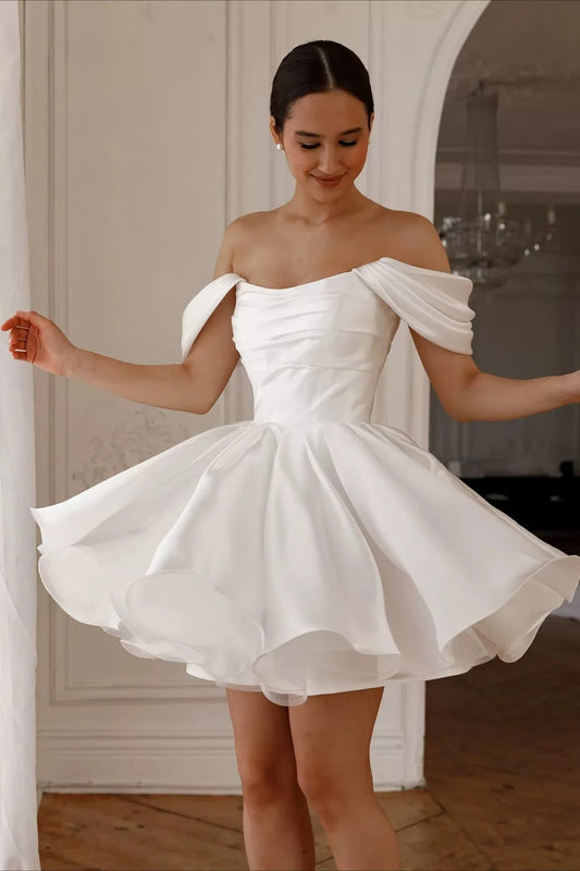 Elegant A-Line Off-the-Shoulder Layers Lace-Up Back White Short Homecoming Dress