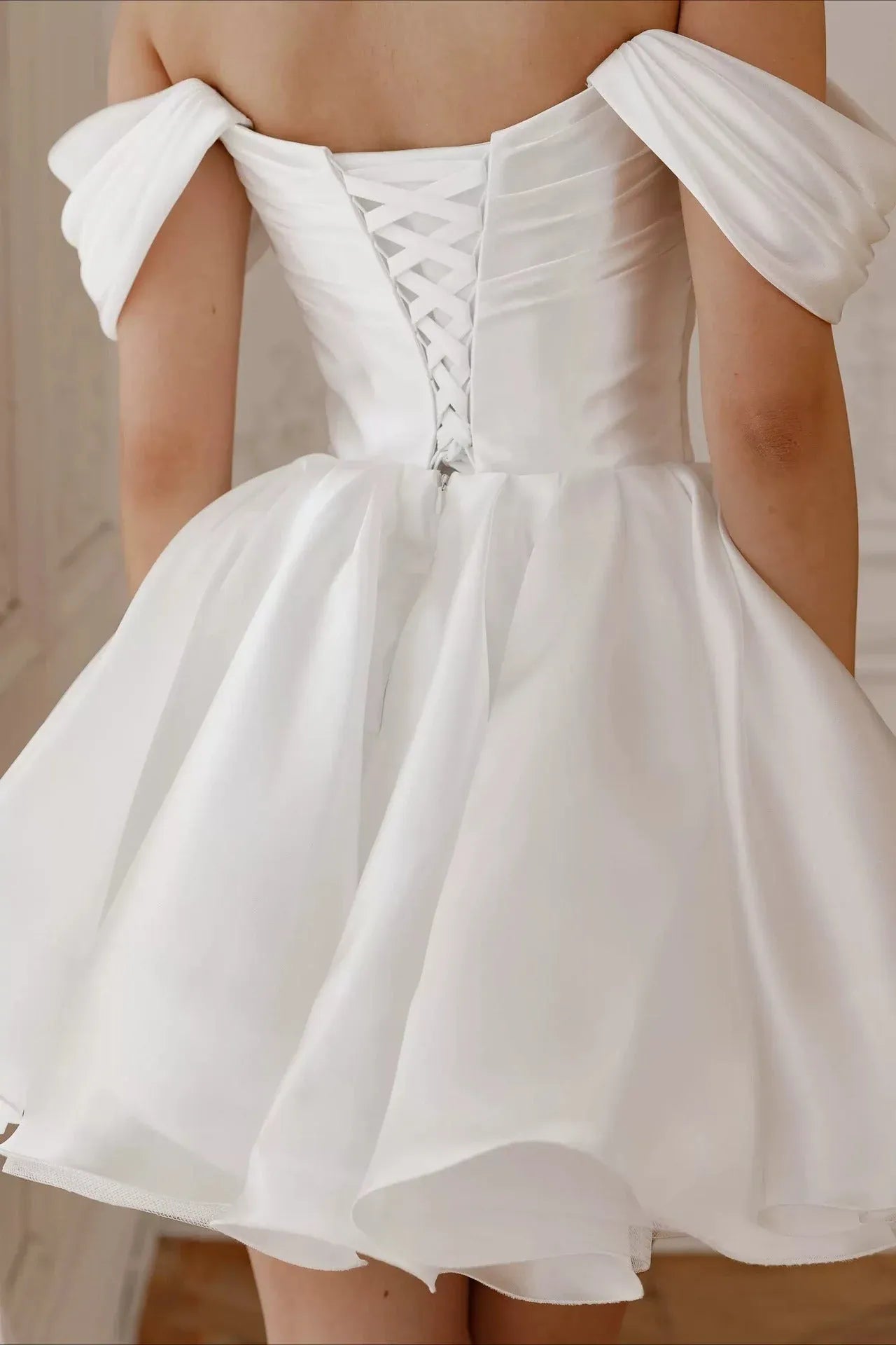 Charming A-Line Off-Shoulder Draped Sleeve White Short Homecoming Dress with Lace-Up Back