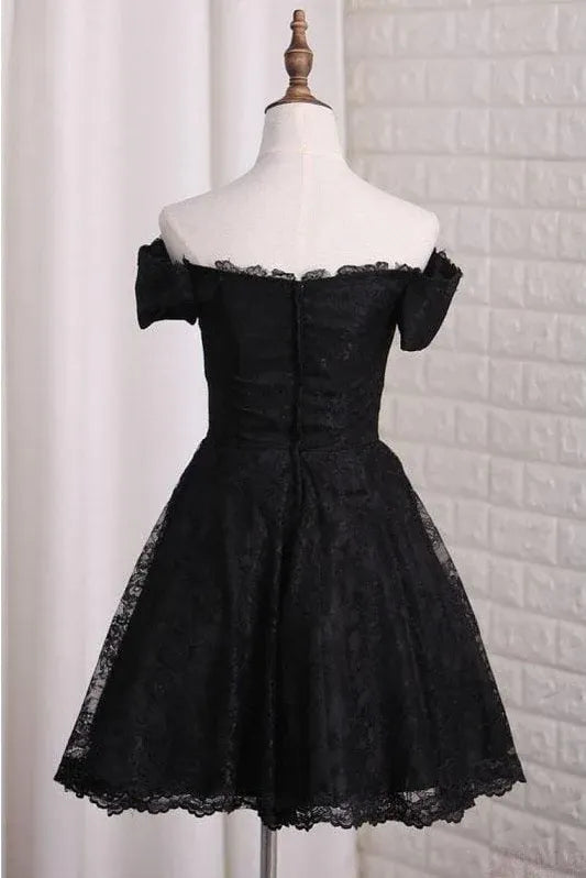 Elegant A-Line Off Shoulder Lace Black Mini Homecoming Cocktail Dress for Women