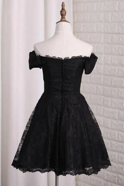 Elegant A-Line Off Shoulder Lace Black Mini Homecoming Cocktail Dress for Women