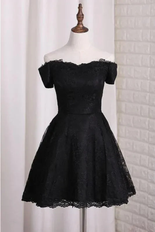Elegant A-Line Off Shoulder Lace Black Mini Homecoming Dress For Ladies