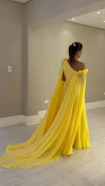 Elegant A-Line One-Shoulder Cape-Sleeve Floral Chiffon Yellow Floor-Length Evening Dress for Women