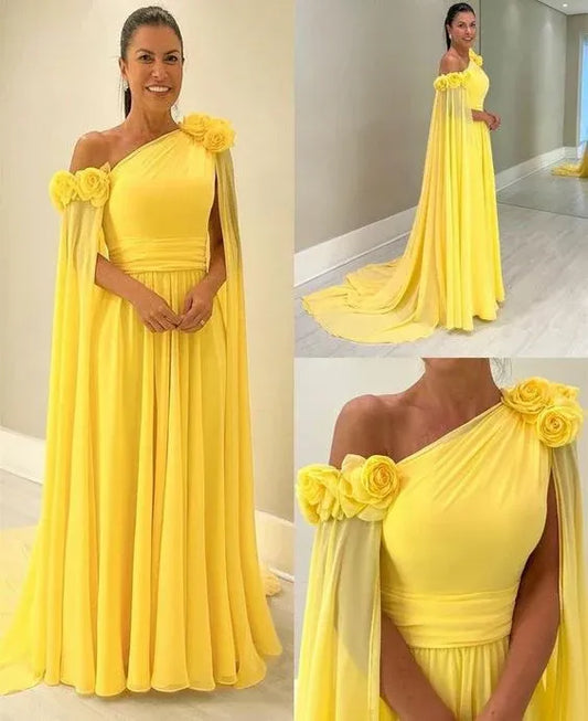 Elegant A-Line One-Shoulder Cape-Sleeve Floral Chiffon Yellow Floor-Length Evening Dress for Women