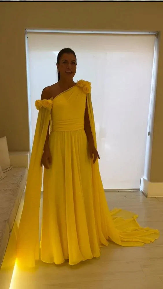 Elegant A-Line One-Shoulder Cape-Sleeve Floral Chiffon Yellow Floor-Length Evening Dress for Women