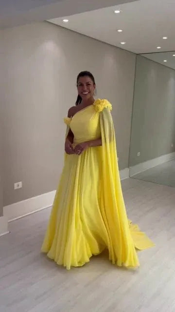 Elegant A-Line One-Shoulder Cape-Sleeve Floral Chiffon Yellow Floor-Length Evening Dress for Women