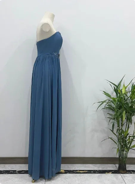 Elegant A-Line One-Shoulder Lace-Trimmed Dusty Blue Maxi Prom Dress for Women ready to ship