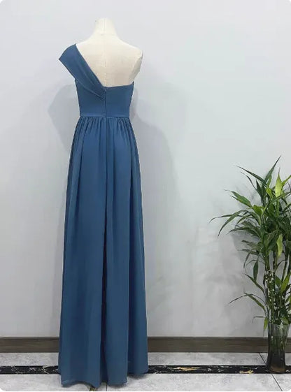 Elegant A-Line One-Shoulder Lace-Trimmed Dusty Blue Maxi Prom Dress for Women ready to ship