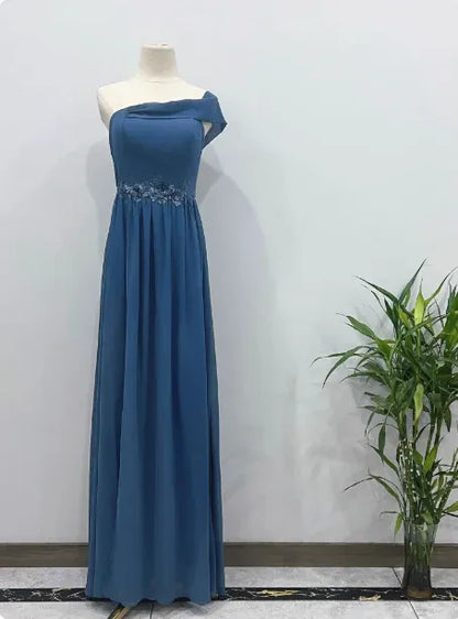 Elegant A-Line One-Shoulder Lace-Trimmed Dusty Blue Maxi Prom Dress for Women ready to ship