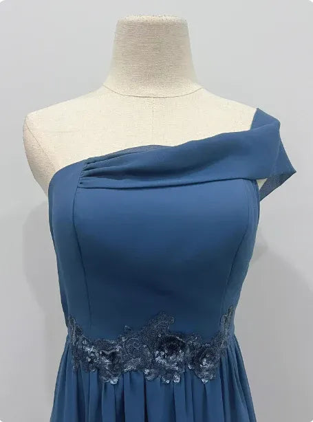Elegant A-Line One-Shoulder Lace-Trimmed Dusty Blue Maxi Prom Dress for Women ready to ship