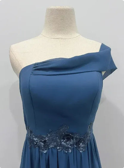 Elegant A-Line One-Shoulder Lace-Trimmed Dusty Blue Maxi Prom Dress for Women ready to ship