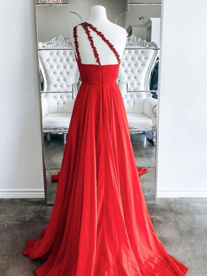 Elegant A-Line One Shoulder Beaded Red Floor-Length Prom Dress