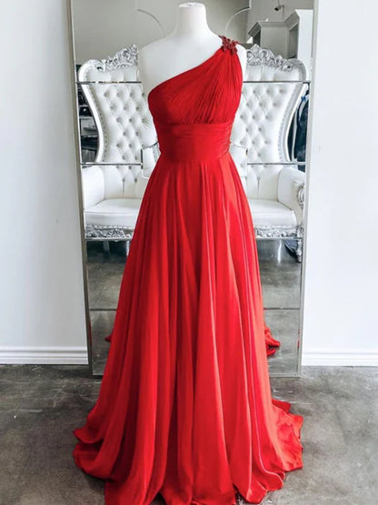 Elegant A-Line One Shoulder Beaded Red Floor-Length Prom Dress