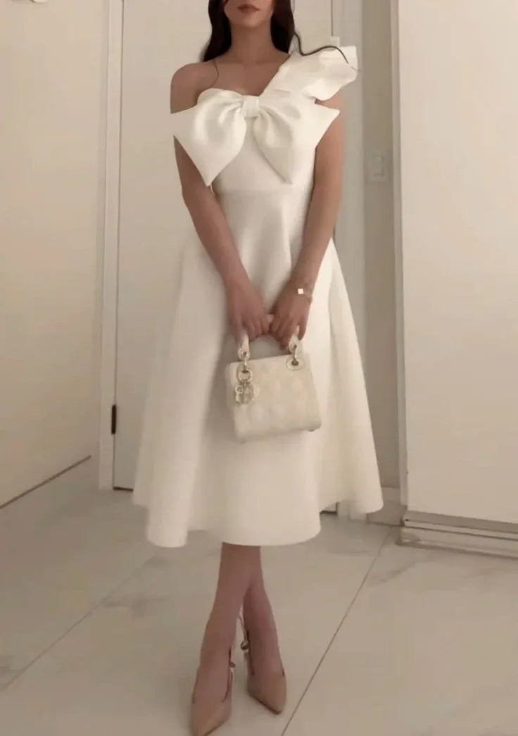 Elegant A-Line One Shoulder Sleeveless BowKnot Satin Tea-Length Prom Dress