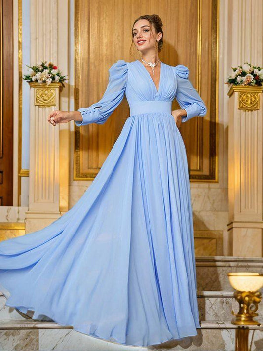 Elegant A-Line/Princess Chiffon Ruched V-neck Long Sleeves Floor-Length Dresses