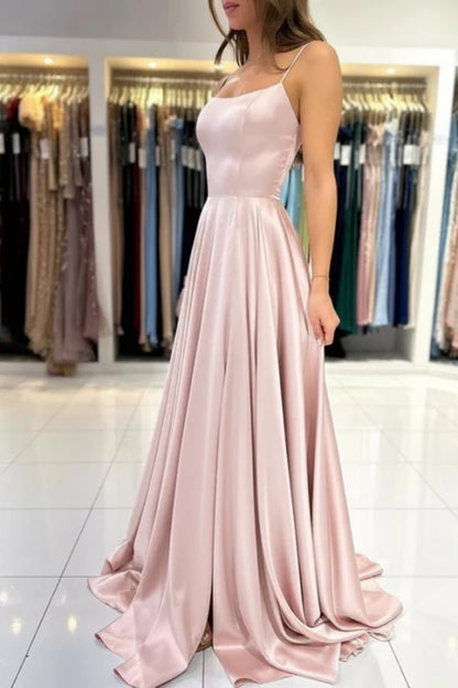 Elegant A-Line Spaghetti Straps Satin Floor-Length Prom Dress