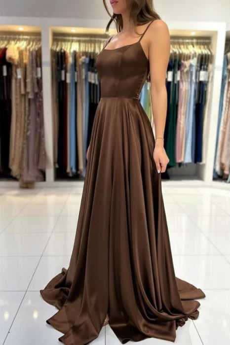 Elegant A-Line Spaghetti Straps Satin Floor-Length Prom Dress