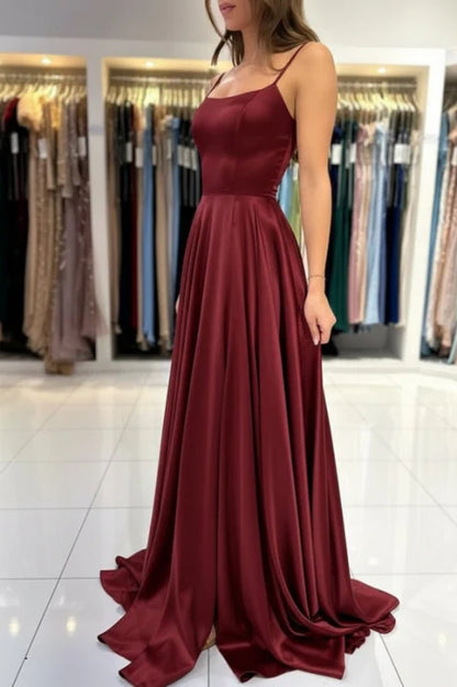 Elegant A-Line Spaghetti Straps Satin Floor-Length Prom Dress