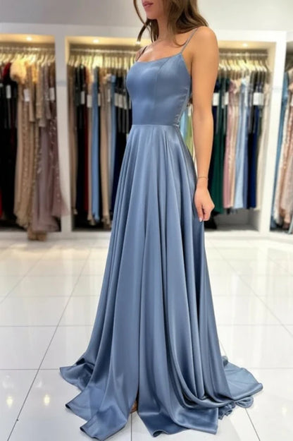 Elegant A-Line Spaghetti Straps Satin Floor-Length Prom Dress