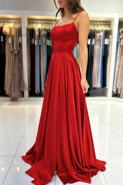 Elegant A-Line Spaghetti Straps Satin Floor-Length Prom Dress