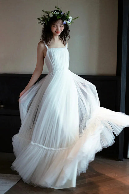 Elegant A-Line Spaghetti Straps Sleeveless Backless Floor-Length Prom Dress