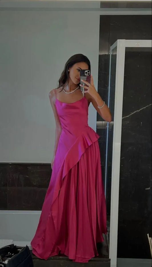 Elegant A-Line Spaghetti Straps Sleeveless Pleated Satin Floor-Length Wedding Guest Dress