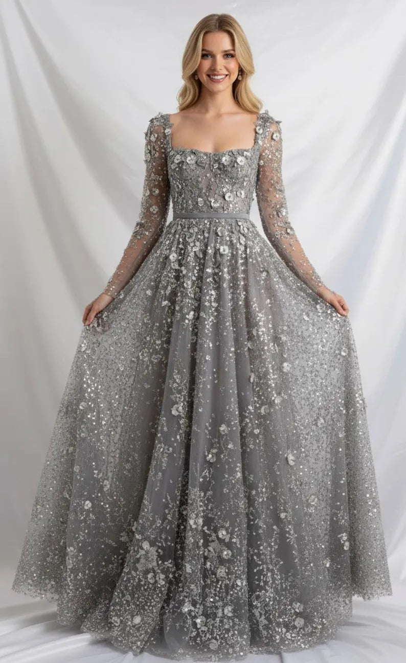 Elegant A-Line Square-Neck Long-Sleeves Button-Back Floor-Length Prom Dress
