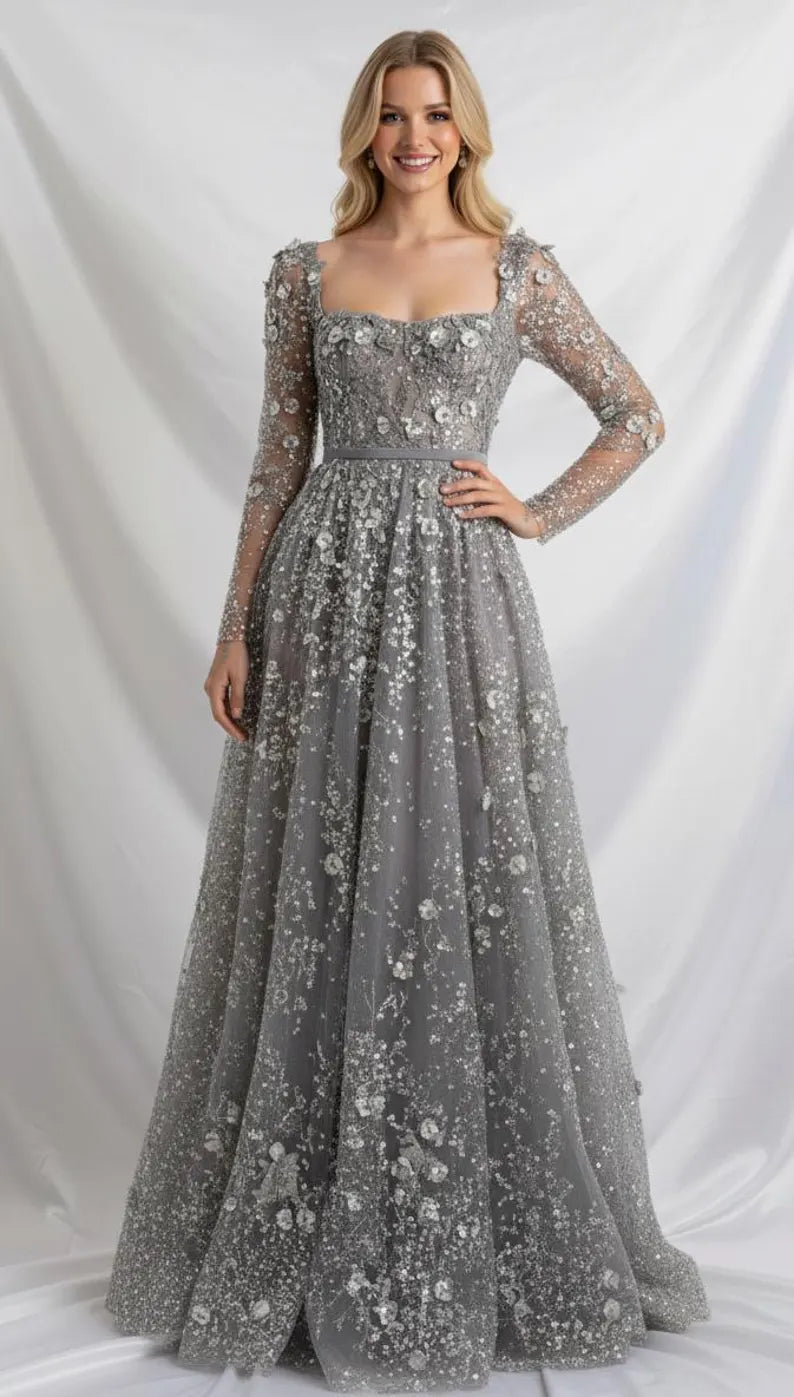 Elegant A-Line Square-Neck Long-Sleeves Button-Back Floor-Length Prom Dress