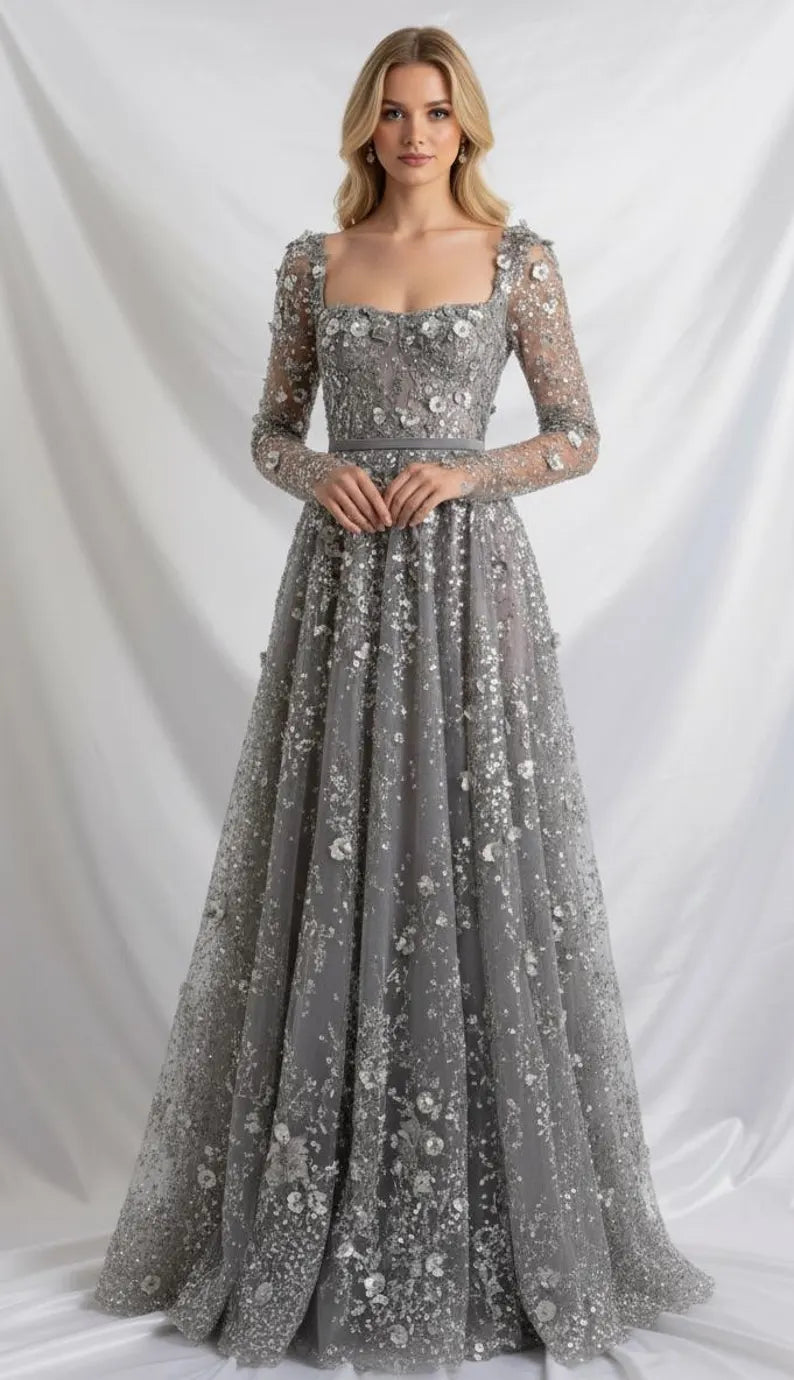Elegant A-Line Square-Neck Long-Sleeves Button-Back Floor-Length Prom Dress