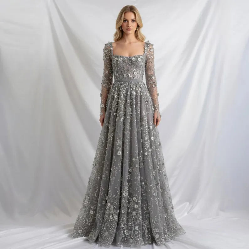 Elegant A-Line Square-Neck Long-Sleeves Button-Back Floor-Length Prom Dress
