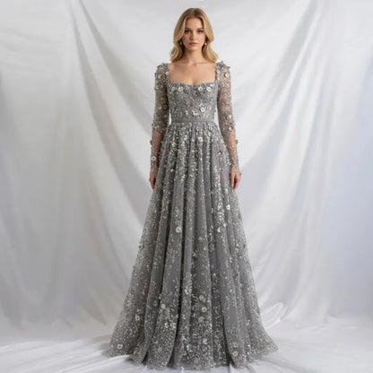 Elegant A-Line Square-Neck Long-Sleeves Button-Back Floor-Length Prom Dress