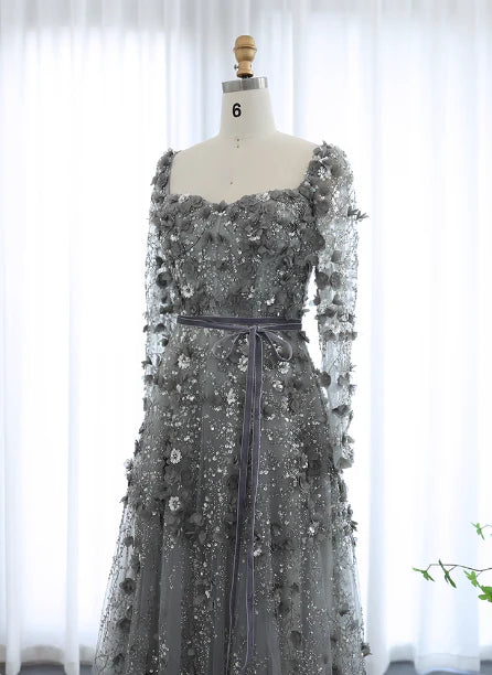 Elegant A-Line Square-Neck Long-Sleeves Button-Back Floor-Length Prom Dress
