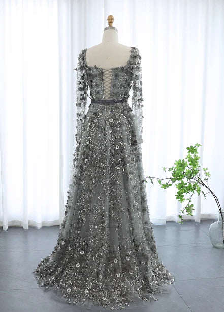Elegant A-Line Square-Neck Long-Sleeves Button-Back Floor-Length Prom Dress