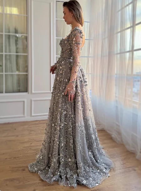 Elegant A-Line Square-Neck Long-Sleeves Button-Back Floor-Length Prom Dress