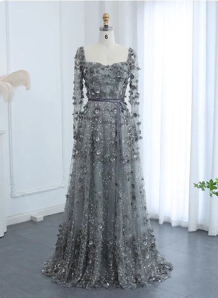 Elegant A-Line Square-Neck Long-Sleeves Button-Back Floor-Length Prom Dress