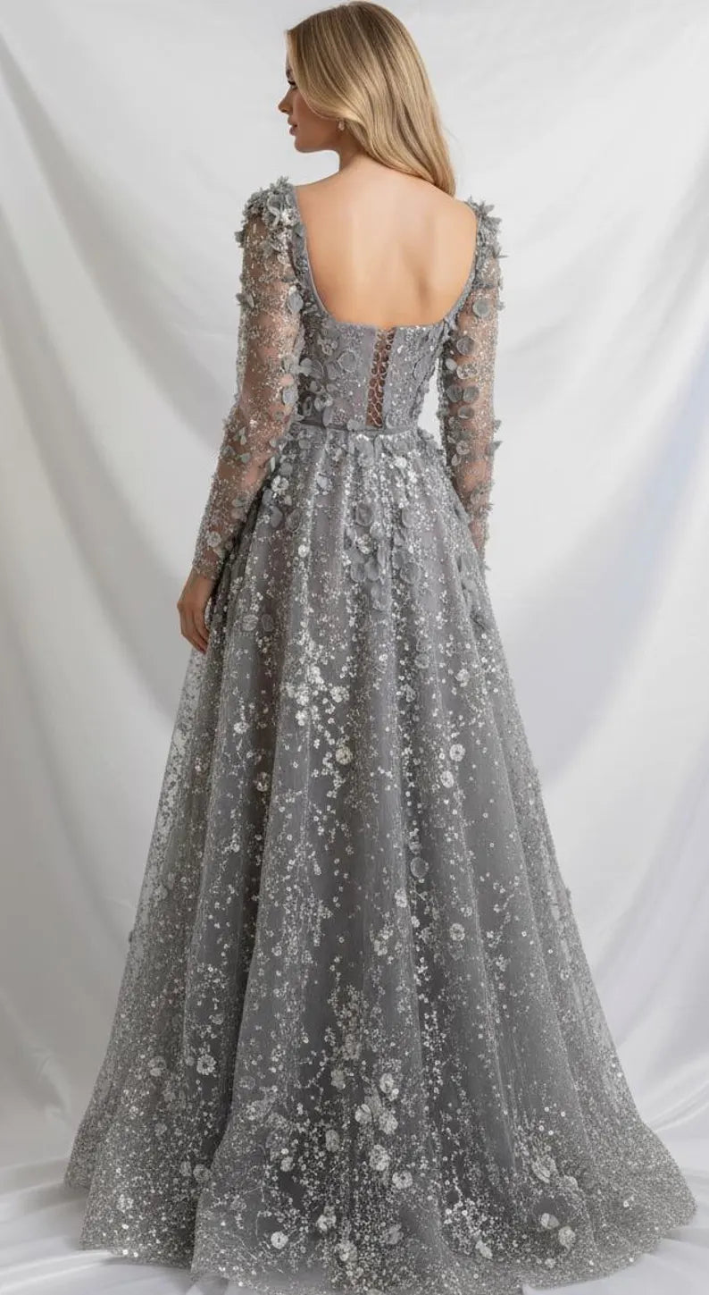 Elegant A-Line Square-Neck Long-Sleeves Button-Back Floor-Length Prom Dress