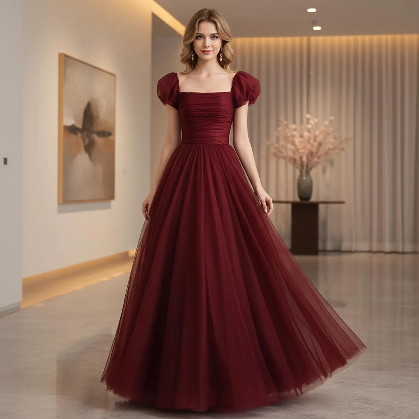 Romantic A-Line Square-Neck Puffed-Sleeve Ruched Tulle Burgundy Floor-Length Prom Gown for Women