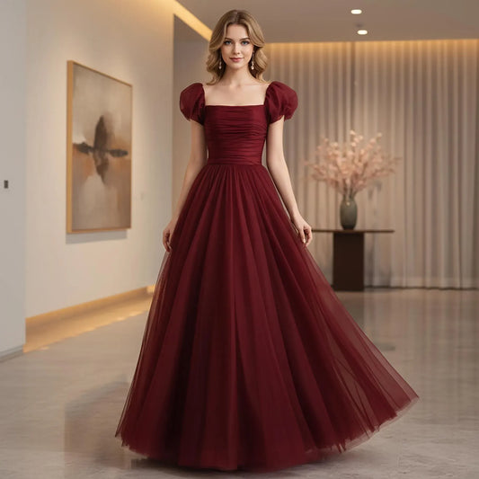 Elegant A-Line Square-Neck Puffed-Sleeve Ruched Tulle Burgundy Floor-Length Prom Dress