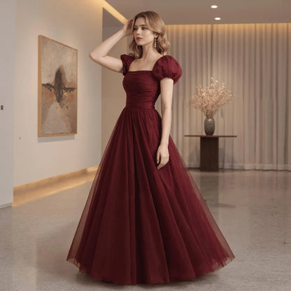 Romantic A-Line Square-Neck Puffed-Sleeve Ruched Tulle Burgundy Floor-Length Prom Gown for Women