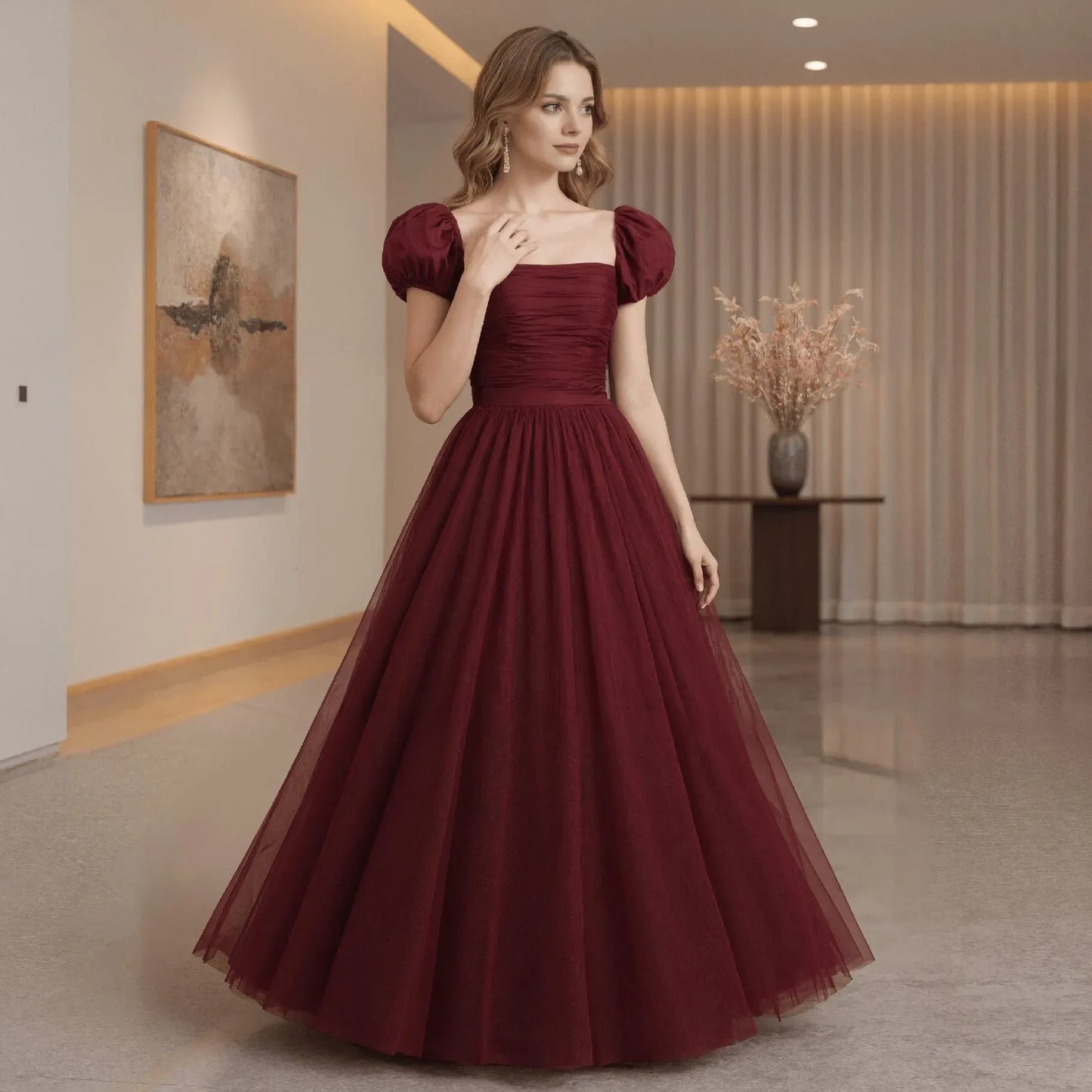 Romantic A-Line Square-Neck Puffed-Sleeve Ruched Tulle Burgundy Floor-Length Prom Gown for Women