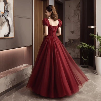 Romantic A-Line Square-Neck Puffed-Sleeve Ruched Tulle Burgundy Floor-Length Prom Gown for Women